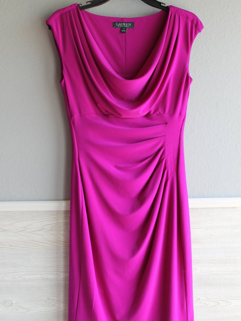 Lauren Ralph Lauren Magenta Pink Cowl Neck Ruched Sheath Dress Size 4 Cocktail